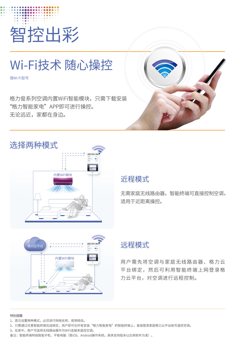 格力俊系列空調(diào)內(nèi)置wifi智能模塊，只需下載安裝“格力智能家電”APP即可進(jìn)行操控，無論遠(yuǎn)近家都在身邊。近程模式：無需家庭無線路由器，智能終端可直接控制空調(diào)，適用于近距離操控。遠(yuǎn)程操控：用戶需先將空調(diào)與家庭無線路由器、格力云平臺(tái)綁定，然后可利用智能終端上網(wǎng)登錄格力云平臺(tái)，對(duì)空調(diào)進(jìn)行遠(yuǎn)程控制。