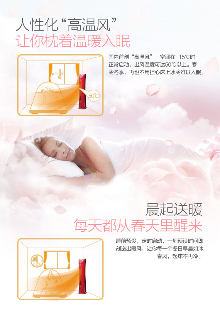 國(guó)內(nèi)首創(chuàng)高溫風(fēng)，空調(diào)在-15度時(shí)正常啟動(dòng)，出風(fēng)溫度可達(dá)50度以上。寒冷冬季，再也不用擔(dān)心床上冰冷難以入眠了。睡前預(yù)設(shè)，定時(shí)啟動(dòng)，一到預(yù)設(shè)時(shí)間即刻送出暖風(fēng)，讓你每一個(gè)冬日早晨如沐春風(fēng)，起床不再冷