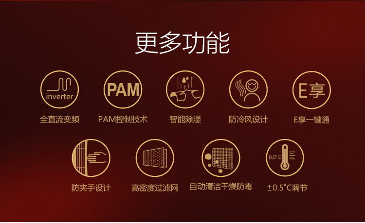 更多功能：全直流變頻、PAM控制技術(shù)、智能除濕、防冷風(fēng)設(shè)計(jì)、E享一鍵通、防夾手設(shè)計(jì)、高密度過濾網(wǎng)、自動(dòng)清潔干燥防霉、+/-0.5度調(diào)節(jié)