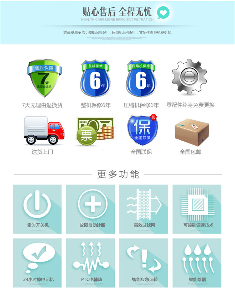 志高生產(chǎn)的所有空調(diào)均享受整機6年保修，壓縮機6年保修，零配件終生免費更換服務(wù)。同時有更多更有價值的功能，以保證空調(diào)能夠更好的為您服務(wù)
